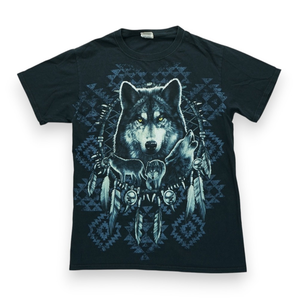 Vintage Fruit of The Loom Wolf American Wolves Small black Shirt Tribal‎ 2000s